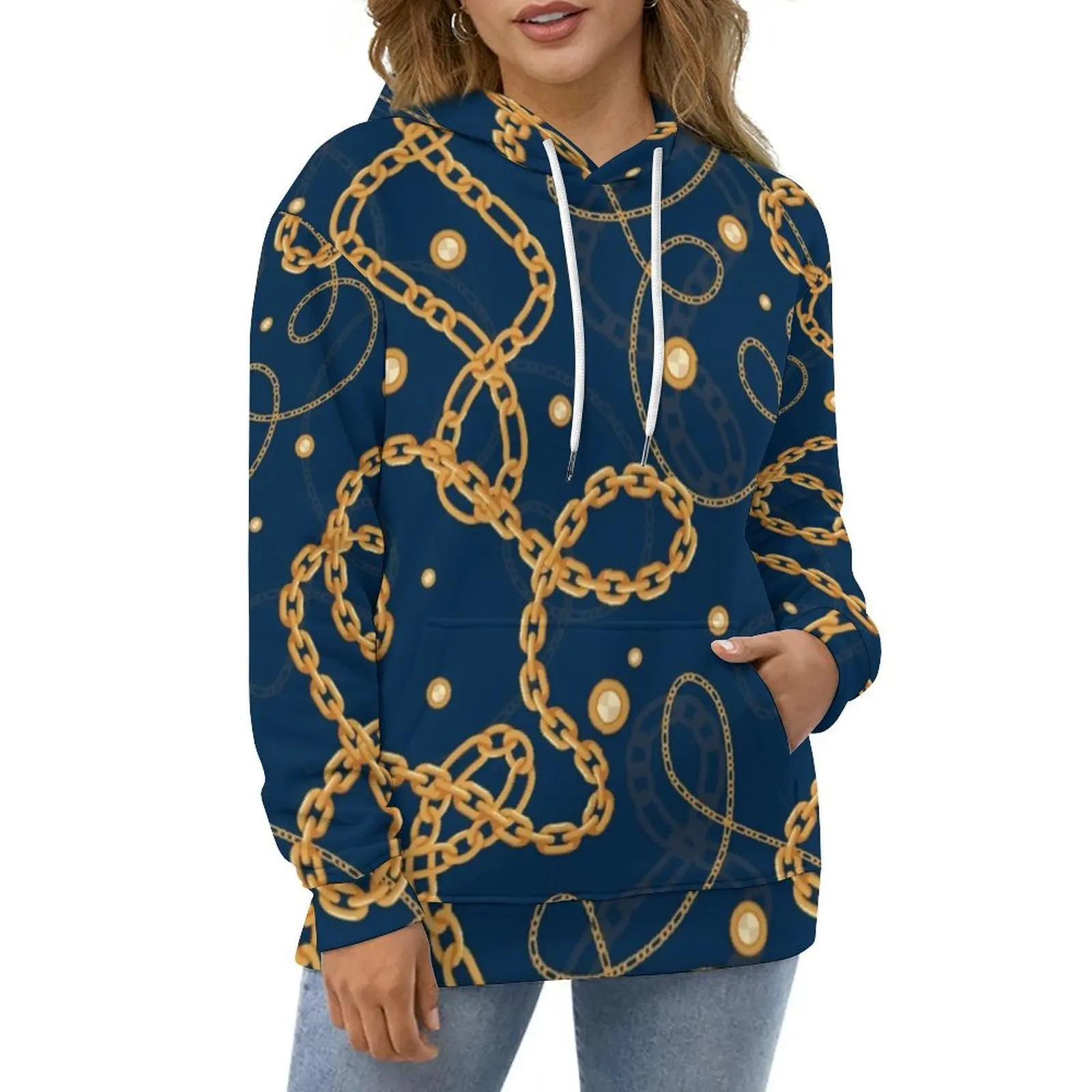 Golden Chain Print Hoodies Digital Art Street Style Oversized Hoodie Ladies Long-Sleeve Aesthetic Graphic Casual Sweatshirts