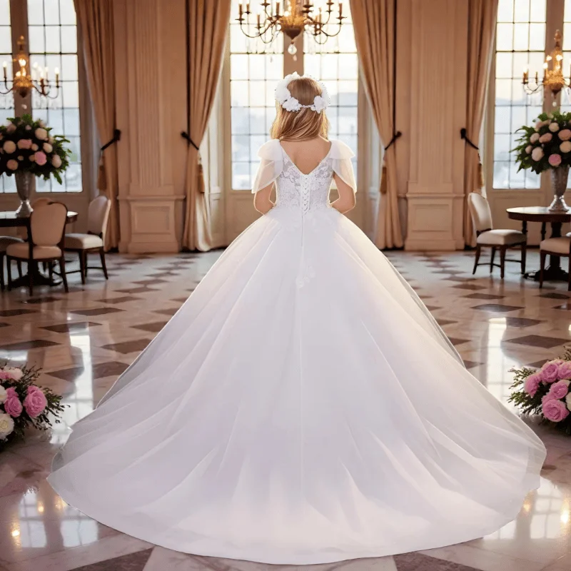 Custom Flower Girl Dress For Wedding Handmade Floral Lace Square Neck Cap Sleeve Multi Layer Air Tulle Floor Train Hem