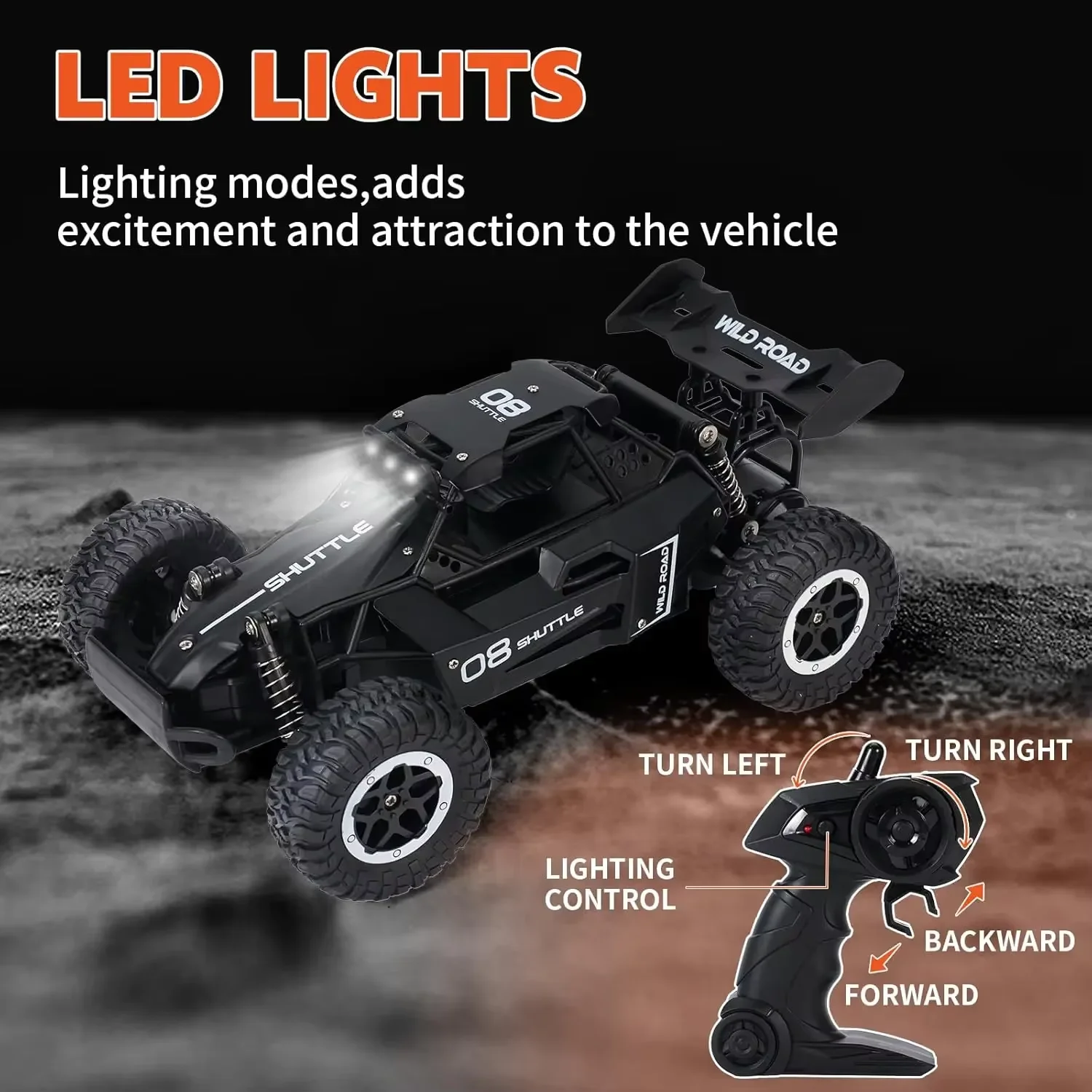 High-Speed 2WD 16 RC Car with LED Light Off-Road Remote Control Climbing Vehicle Outdoor Trucks Gift for Kids Model Toy