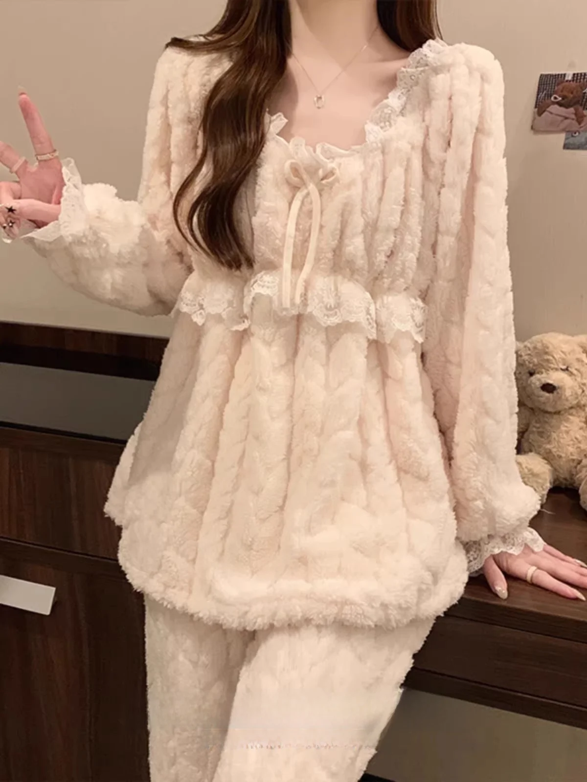 Princess Style Fleece Lined Flannel Sleepwear Set Women's Thickened Winter Autumn Spring Coral Fleece Home Clothes Suit