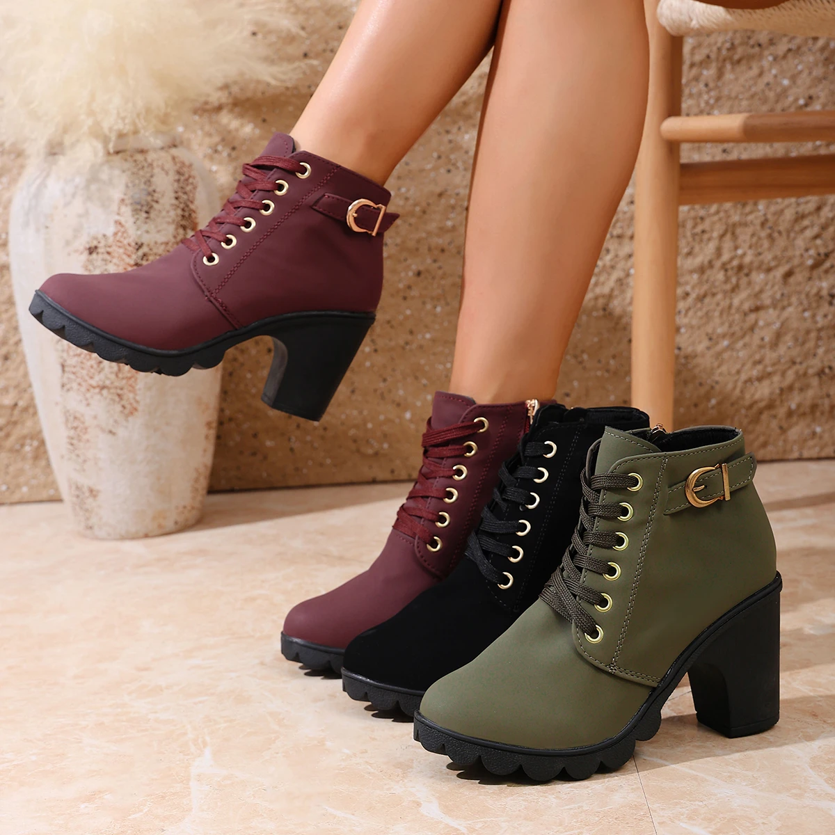 Women Boots Autumn Winter High Quality Outdoor Fashion Anti-slip Boots Retro Lace-up High Heels Shoes for Women Botas De Mujer