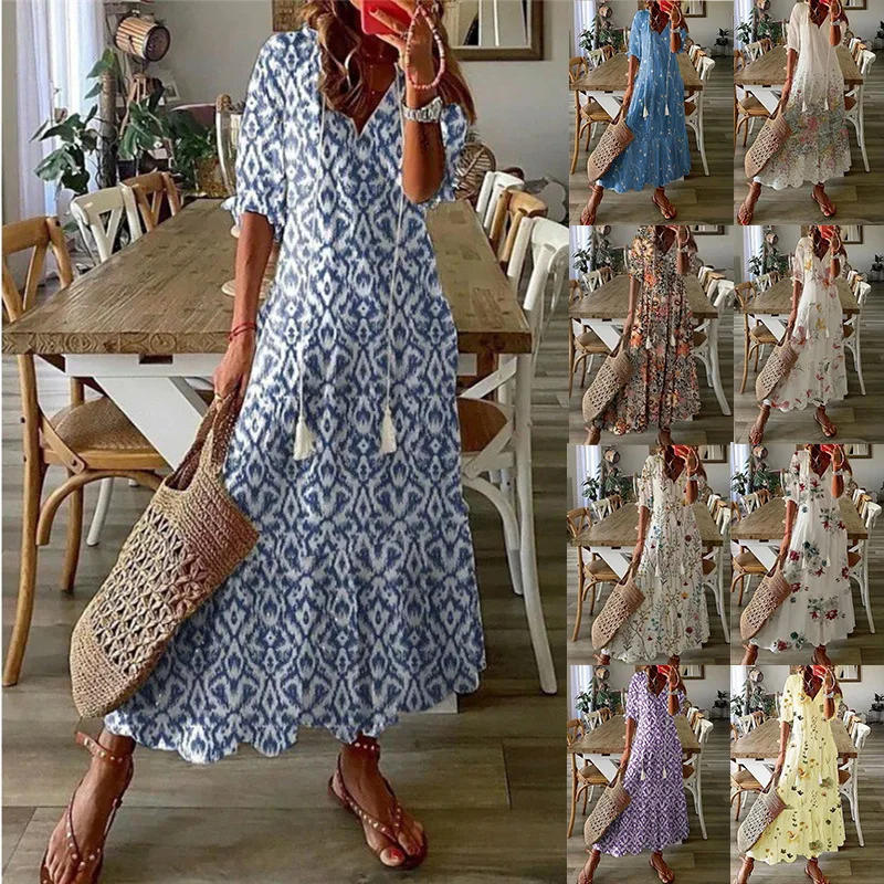 Damska luลบna sukienka Elegancki temperament Kwiatowy nadruk V Szyja Retro Plus Size Damska sukienka w stylu bohemy Dลuga sukienka damska