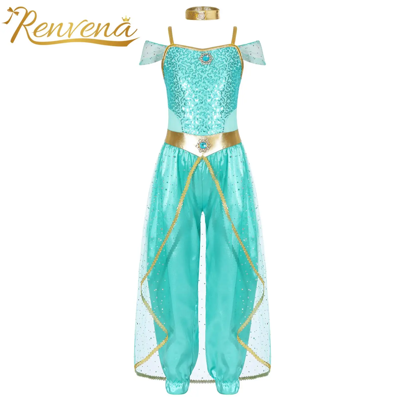 6-16Y Girls Halloween Arabian Princess Cosplay Costume Belly Dance Shiny Sequins Jumpsuit with Choker Kids Birthday Party Gift