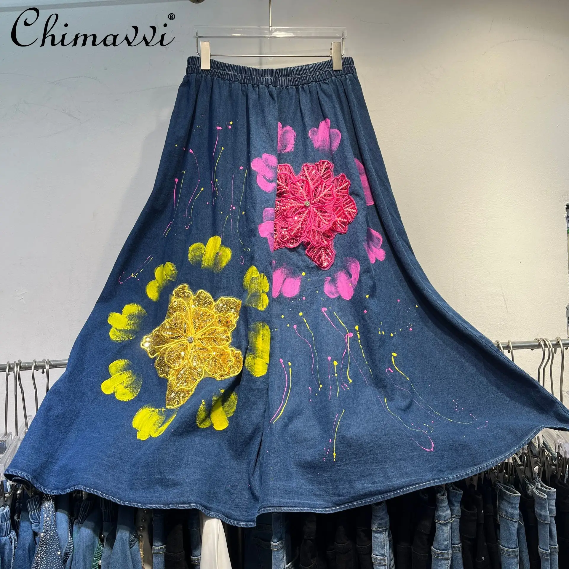 Europejska Letnia Nowa Moda Krótkie Rękawy Luźne Dwuczęściowe Zestawy Jeansowe Damskie Ciężkie Kwiatowe Top z Cekinami Długa Spódnica Komplety Damskie