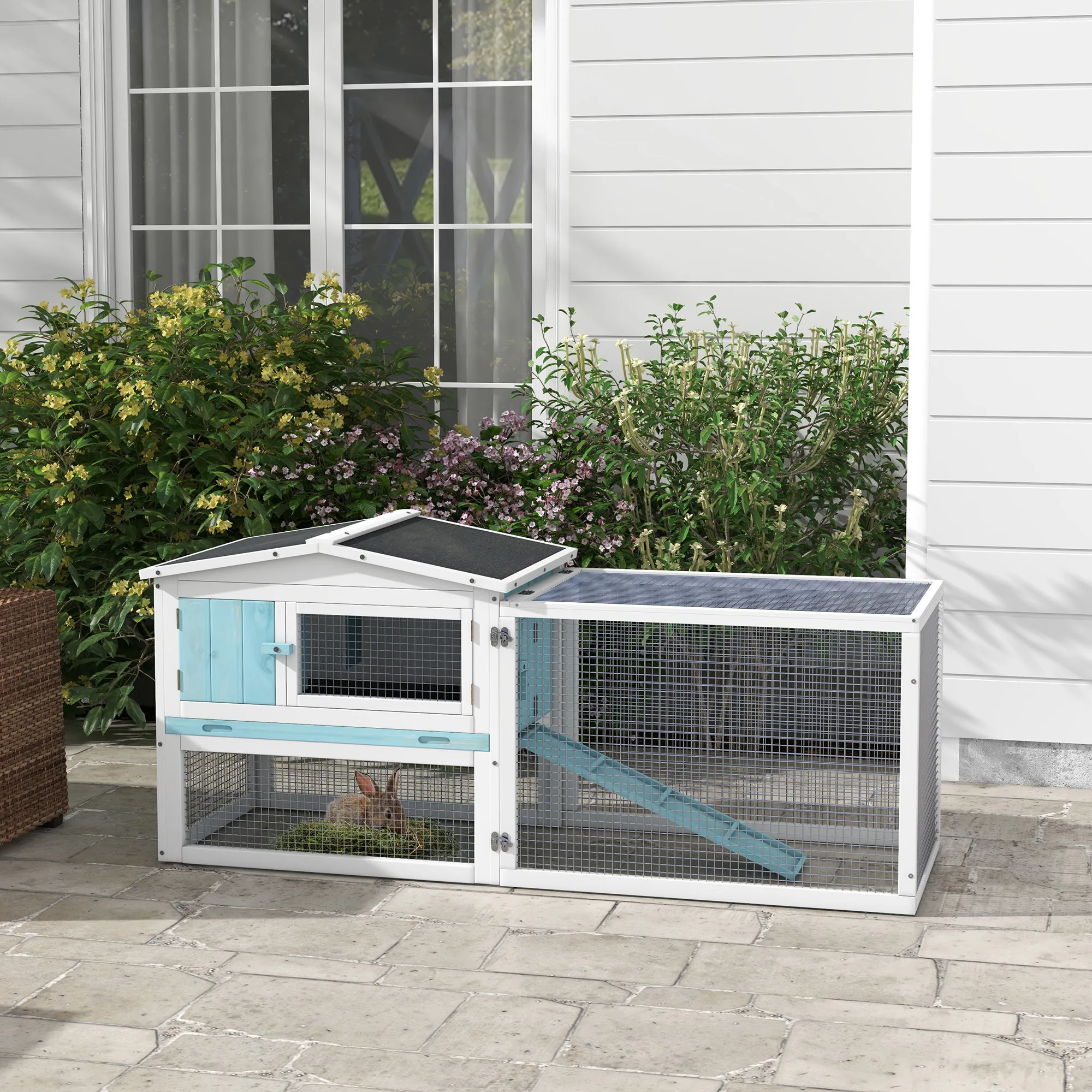 Rabbit Hutch 2-Story Bunny Cage Small Animal House with Slide Out Tray, Detachable Run, for Indoor Outdoor, Light Blue