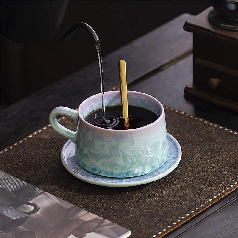 Crystal glaze ceramic teacup gentle wind gradual change color ceramic teacup coffee cup with tray spoon set