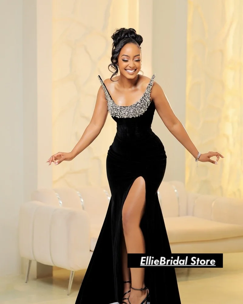 Elegant Black Velvet Strapless Mermaid Evening Dresses Nigerian Long High Split Prom Gowns For Women Vestido De Festa Customized