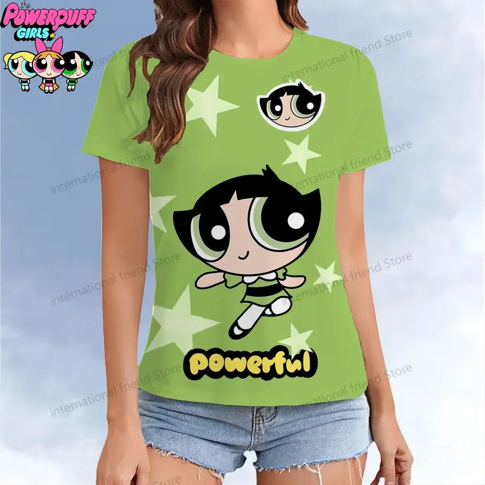 Women\'s  T-shirt The Powerpuff Girls Kawaii Short Sleeve Tee Woman Clothing O Neck T-shirts Street Wear XS-3XL 2024 Leisure Y2k