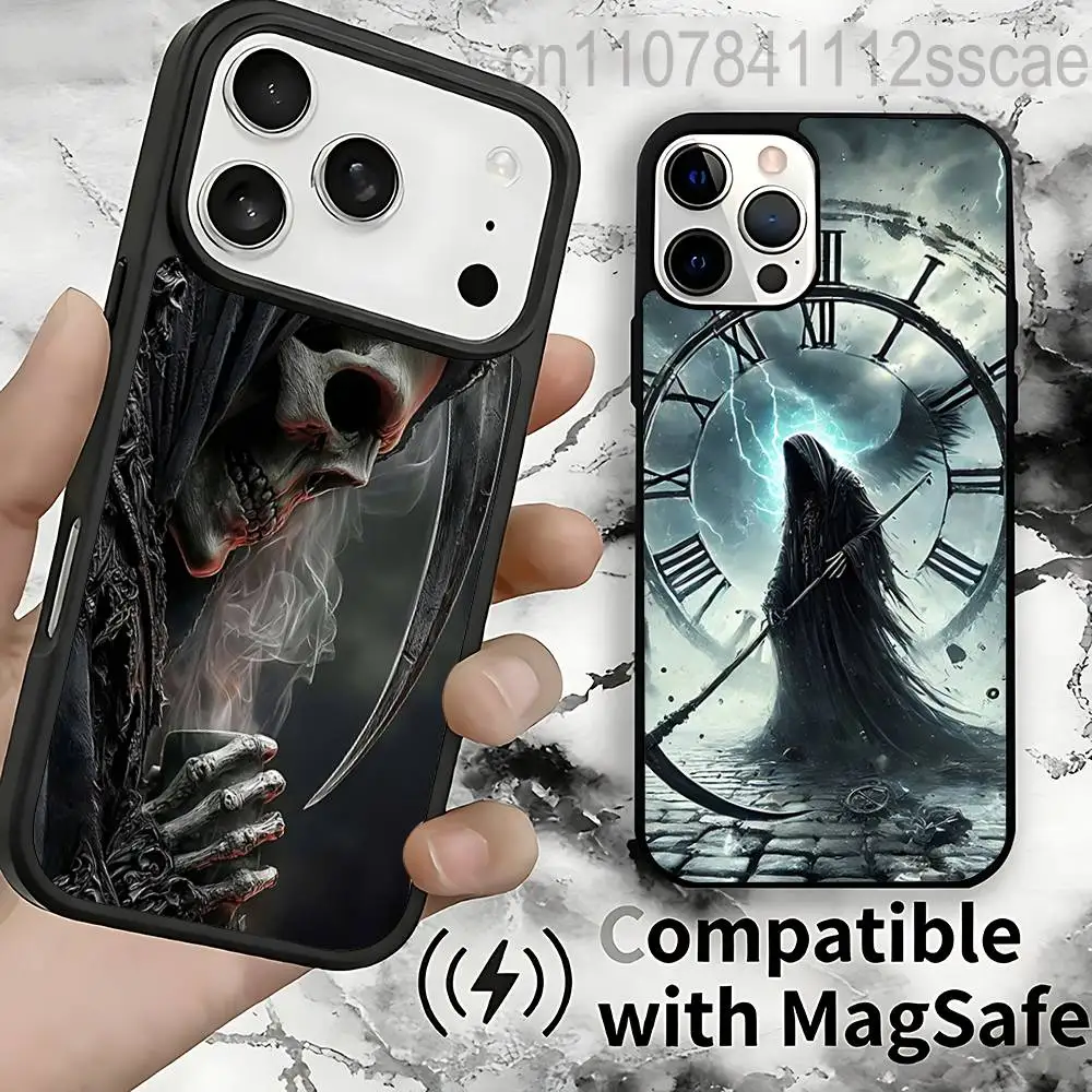 

Death Grim Reaper Skull Scythe For IPhone 17,16,15,14,13,12,11,Pro,Max,Plus,Mini,SE4,E Protective Magnetic Case Cover