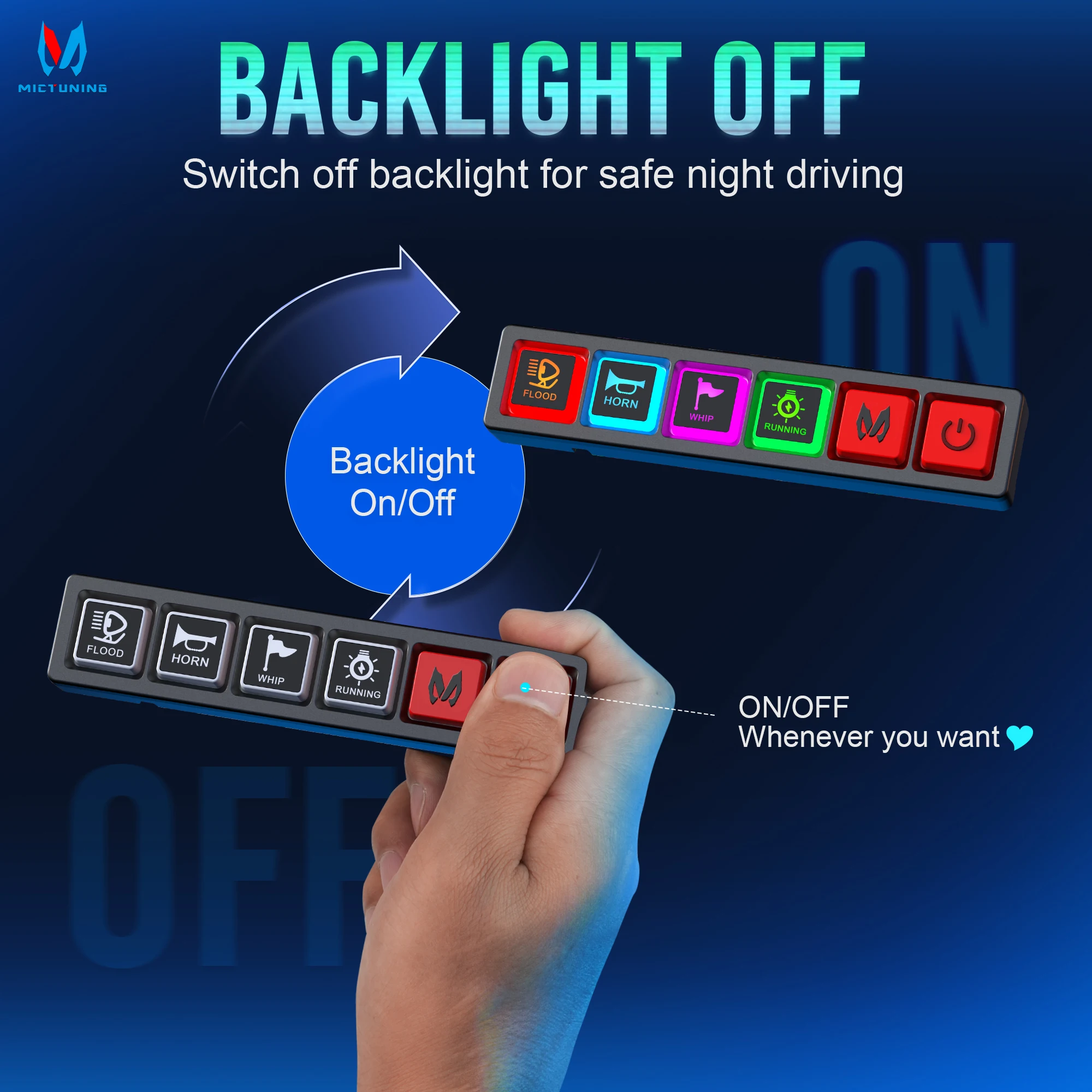 

MICTUNING 4 Gang Switch Panel, Color-Coded Backlit Silicone Buttons, Universal Relay Control System with 60A Circuit Breaker