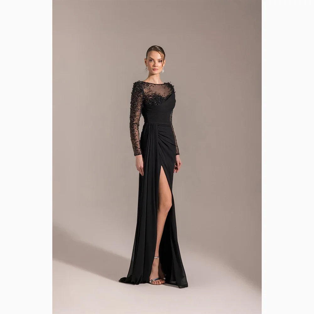 

Черное кружевное вечернее платье с вырезом лодочкой длиной до пола, платье для выпускного вечера с разрезом до бедра, прямое вечернее платье для самосовершенствования по индивидуальному заказу