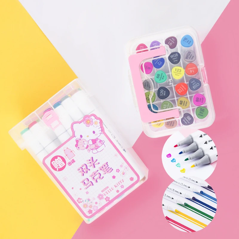 24 Colors Kawaii Sanrio Hello Kitty Marker Set Double-Ended Design Portable Waterproof Durable Student Stationery Christmas Gift