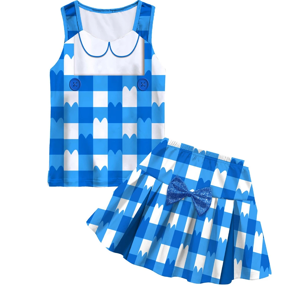 Cartoon Anime Girls Gabby Cosplay Costume Summer Kids Blue Plaid Casual Dress Festival Party Princess Dress Up Cat Ears Headwear