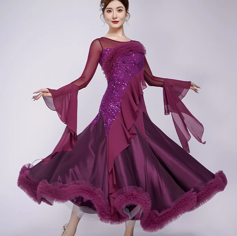 

Purple Standard Dance Dress Competition high quality Woman Ballroom Strap Long Sleeve Sequin Skin Color Waltz Black Dress