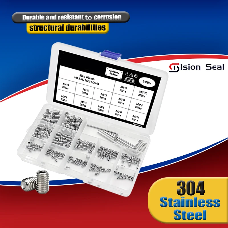 

240 шт. установочный винт M3 M4 M5 M6, установочный винт с шестигранной головкой, наборы болтов в коробке A2 304, дверные ручки из нержавеющей стали, болты для крана