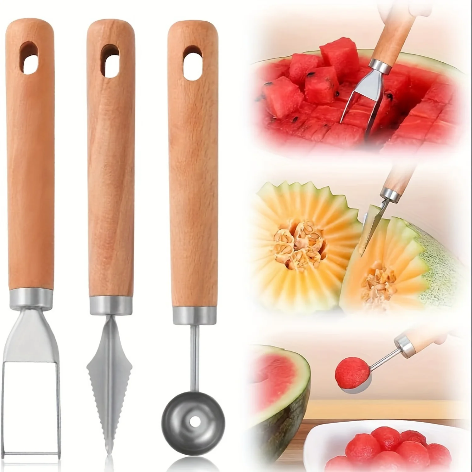 3pcs Fruit Cutter Wooden Handle Melon Baller Scoop, Stainless Steel Fruit Cutter Shapes , Watermelon Scooper  Cube Cutter, Fruit