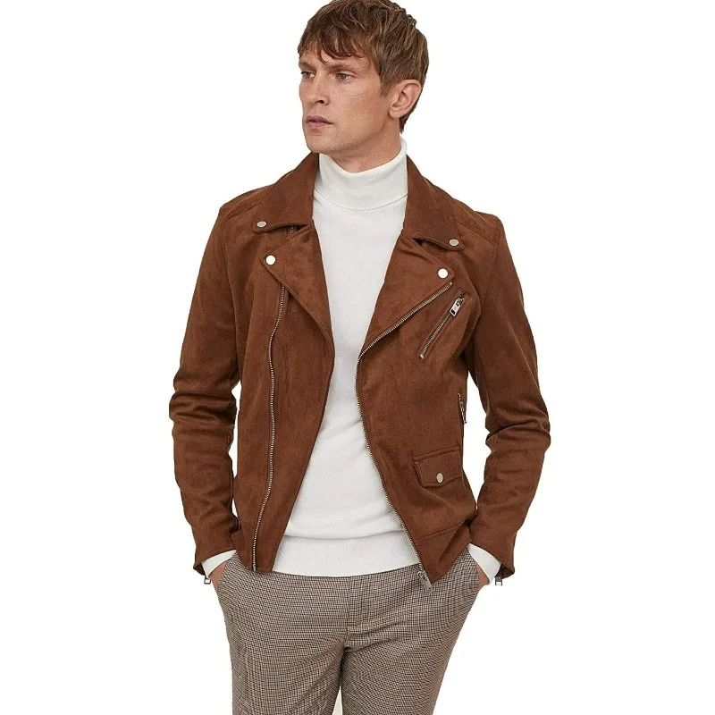 Men's Real Handmade Genuine Suede Leather Jacket Winter Fashion Style Coat Brown