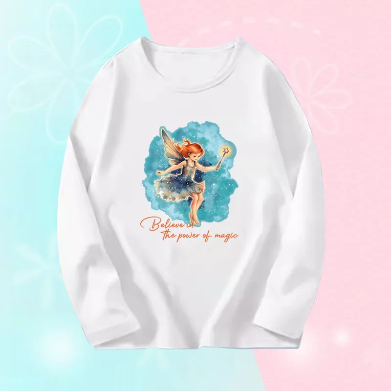 Girl's Magical Angel Print T Shirt Cute Kawaii Girls Long Sleeve T-Shirt Kids Princess Cartoon Tees Tops
