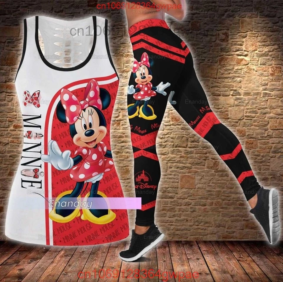 Minnie Mickey Women's Hollow Vest Women's Leggings Yoga Suit Fitness Leggings Sports Suit Disney Tank Top Legging Set Outfit