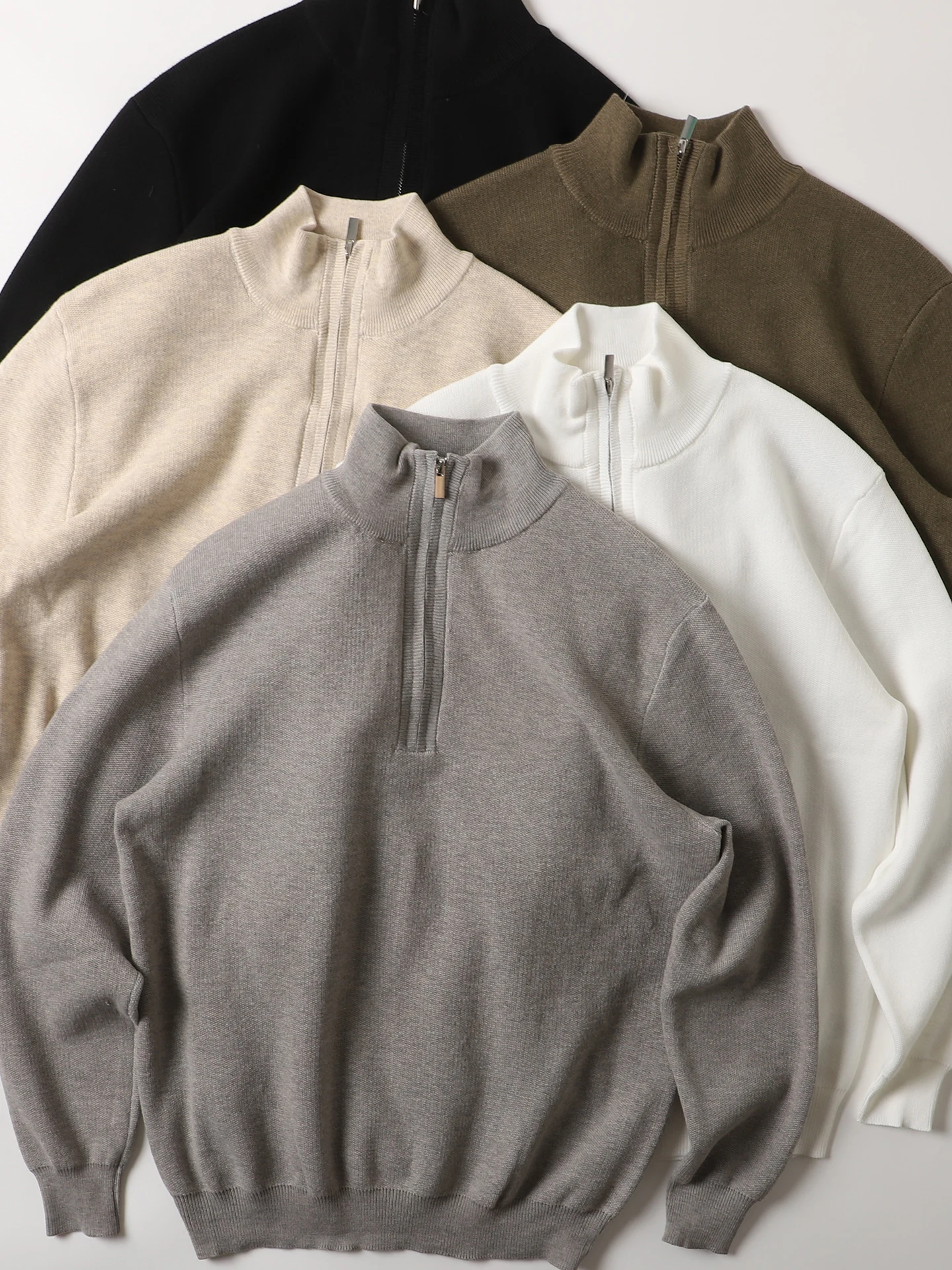 

Japanese Sle Knitted Sweater Men's Comfortable f Zipper Stand Collar Pure Color Camere Blend Long Sve Base Layer irt