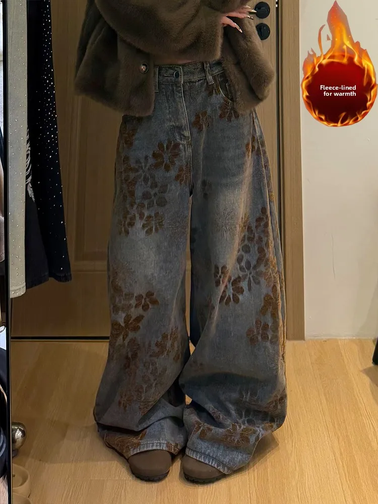 

Джинсы с высокой талией в стиле ретро Faion Thiened Fce, женские широкие брюки с цветочной вышивкой, зимние теплые брюки