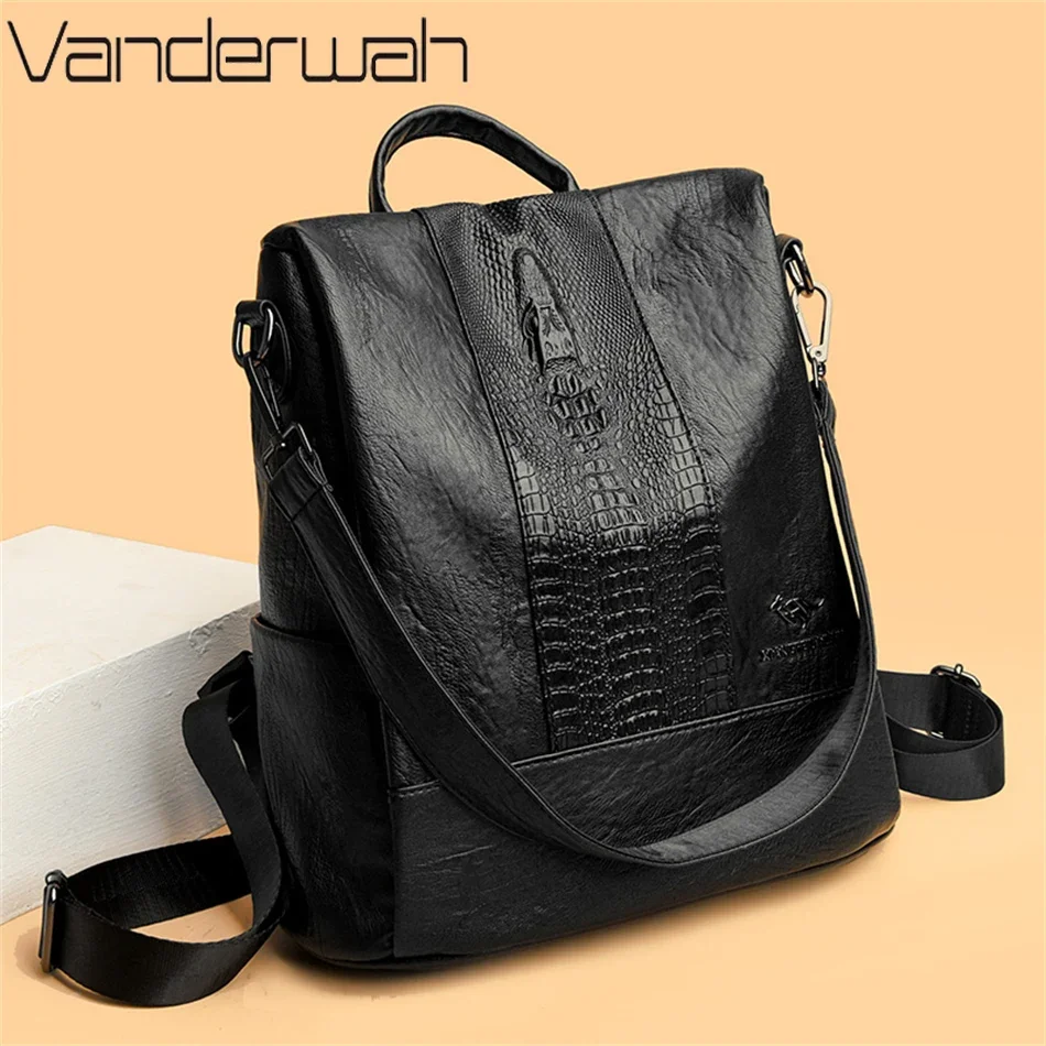 Women\'s Crocodile Pattern Backpack Leather School Bookbags for Girls Bagpack Large Capacity Designer Travel Rucksack Mochilas