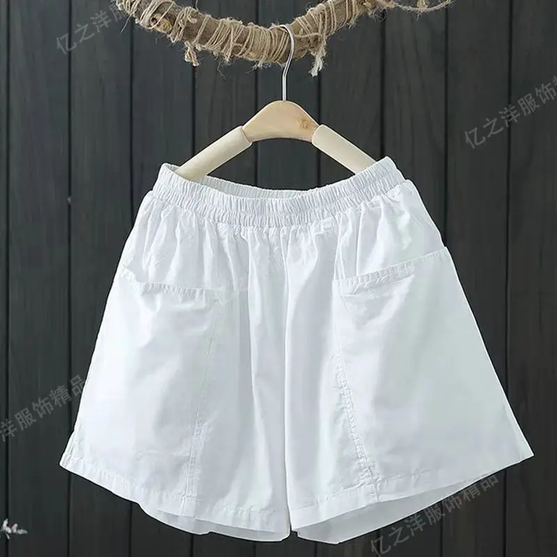 Shorts for Women's Summer Loose Casual New Elastic Waist Solid All-match Pocket Patchwork Wide Leg Pants Vintage Fashion Clothes