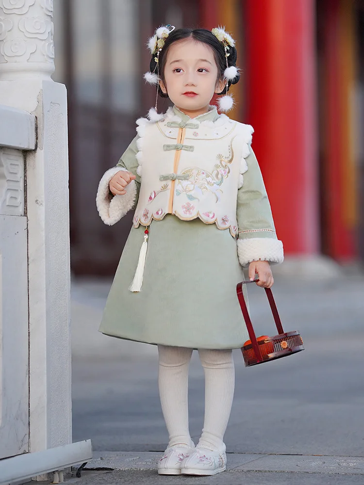 

New Year's Eve Costume For Girls, Hanfu 2023 Winter Children's Chinese Style Suit, Baby Festive Tang Costume, Cheongsam Skirt