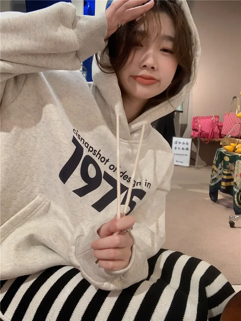 Pullover Hoodies Korean Style Loose Letter Print Fleece Sweatshirt Korean Fashion Women's Top Graphic Promotion Streetwear Basic