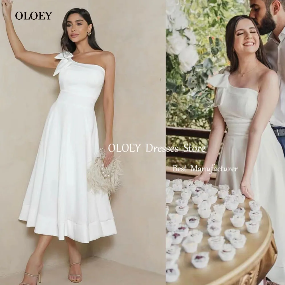 OLOEY Simple Bow Wedding Dress For Woman One-Shoulder Tea-length Draped Vestidos Novias Boda Evening Gown Dress