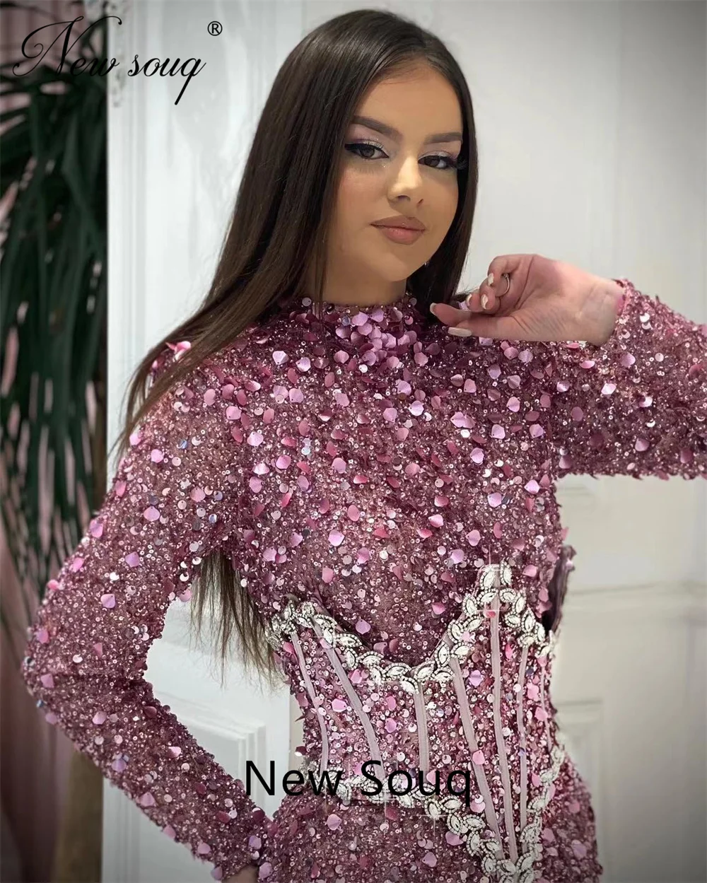 Middle East Diamonds Mermaid Prom Dresses High Neck Long Sleeves Pageant Wedding Guest Dress Dubai Couture Prom Party Dress 2023