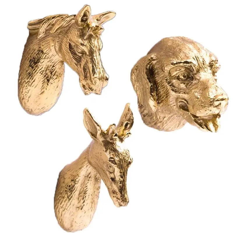 4PCS Solid Brass Dod/Deer/Horse Head Furniture Pulls Handles Drawer Knobs Cupboard Wardrobe Closet Dresser Cabinet Door Pulls