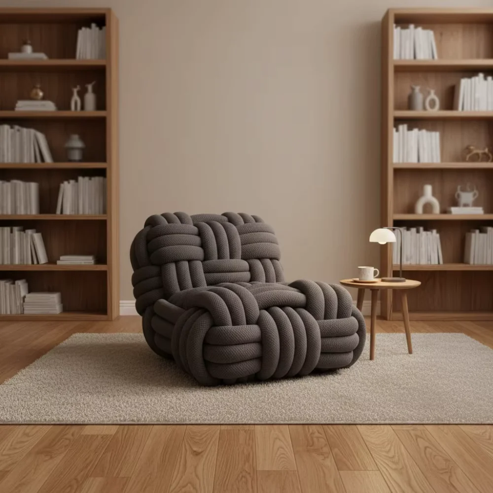 

%J Modern Nordic Luxury Knotted Rope Accent Chair Solid Wood Frame High Density Sponge Woven Lounge Chair for Art Gallery Lobby