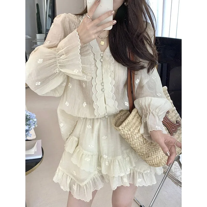 Casual Fashion Skirt Suit Women\'s New 2023 Summer Shirt And Long-sleeved Shirt Top 2-piece Set