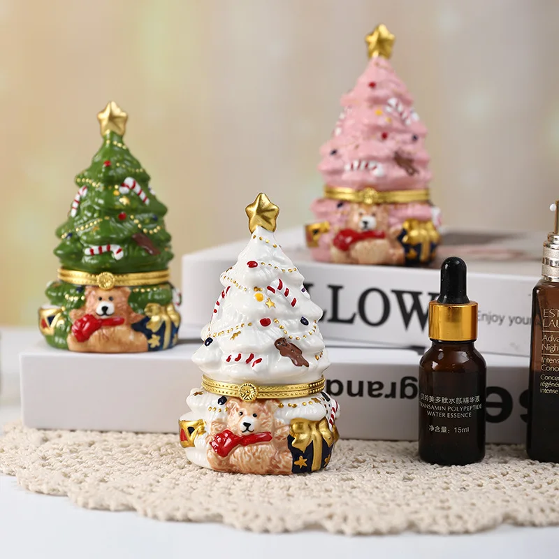 

New Arrival Cute Bear Christmas Tree Figurine | Ceramic Candy Holder for Holiday Table Decor Perfect Gift Package with Ribbon