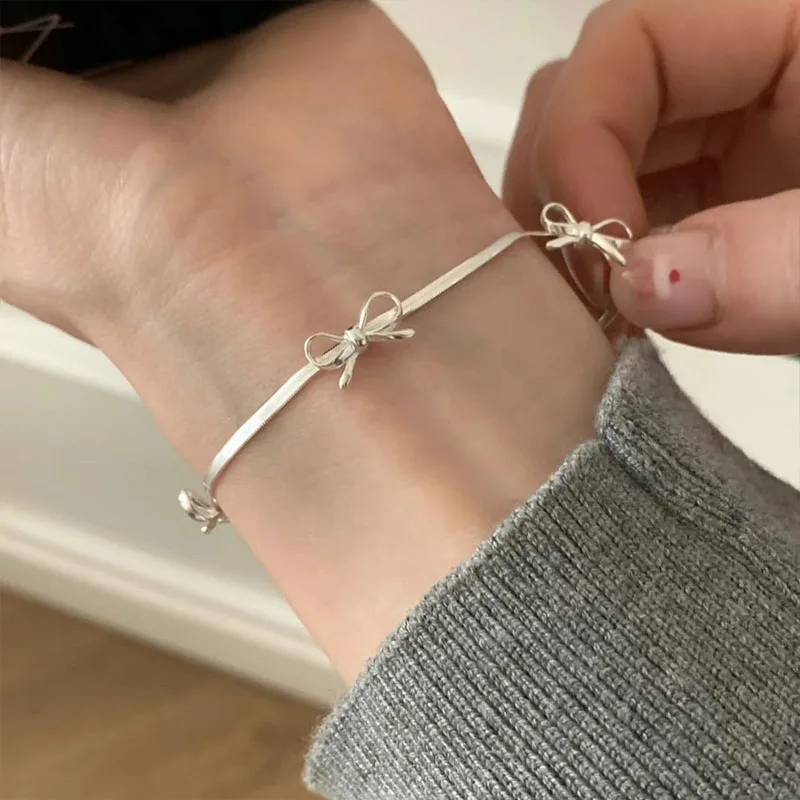 925 Sterling Silver Bow Bracelet With Sparkling Temperament Snake Bone Chain Bracelet Suitable For Wedding Jewelry Gifts