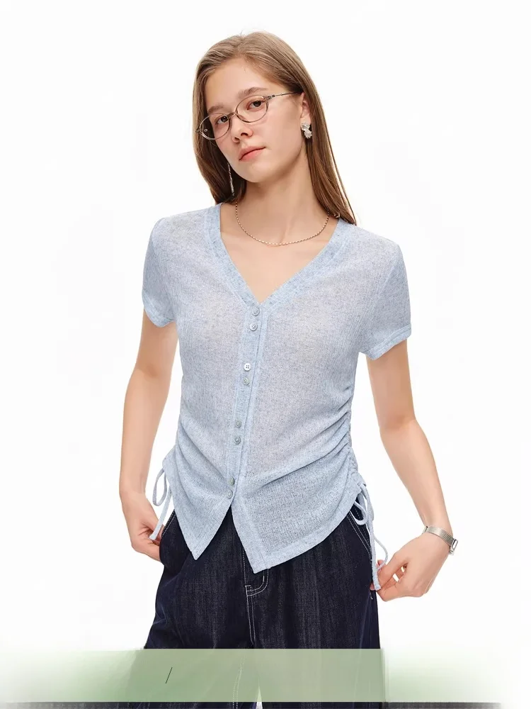 

Элегантная льняная блузка с V-образным вырезом, женская модная легкая летняя вязаная рубашка с коротким рукавом, универсальная стильная рубашка для повседневной носки