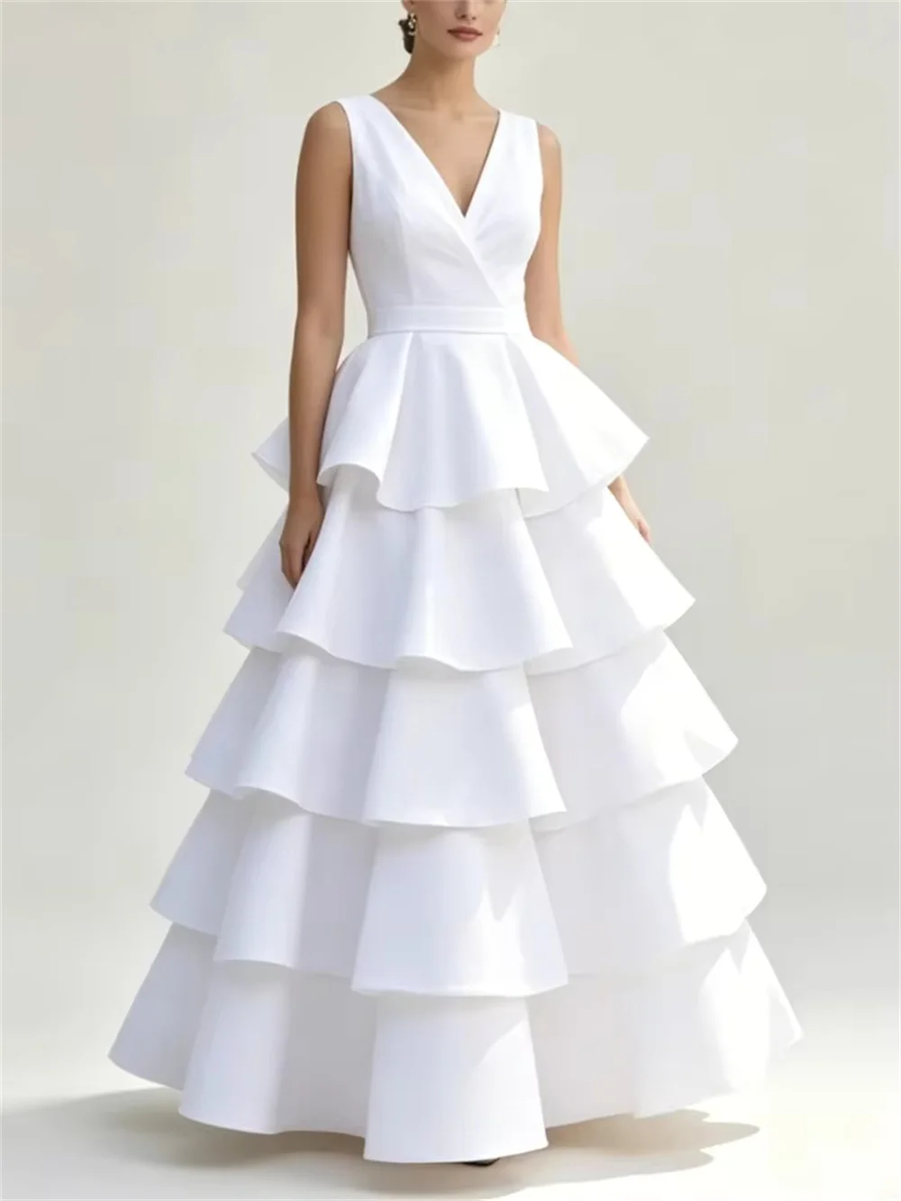 white V-neck sleeveless ankle-length tiered dress supports custom making, fluffy multi-layer skirt hides flesh gently, neat cut