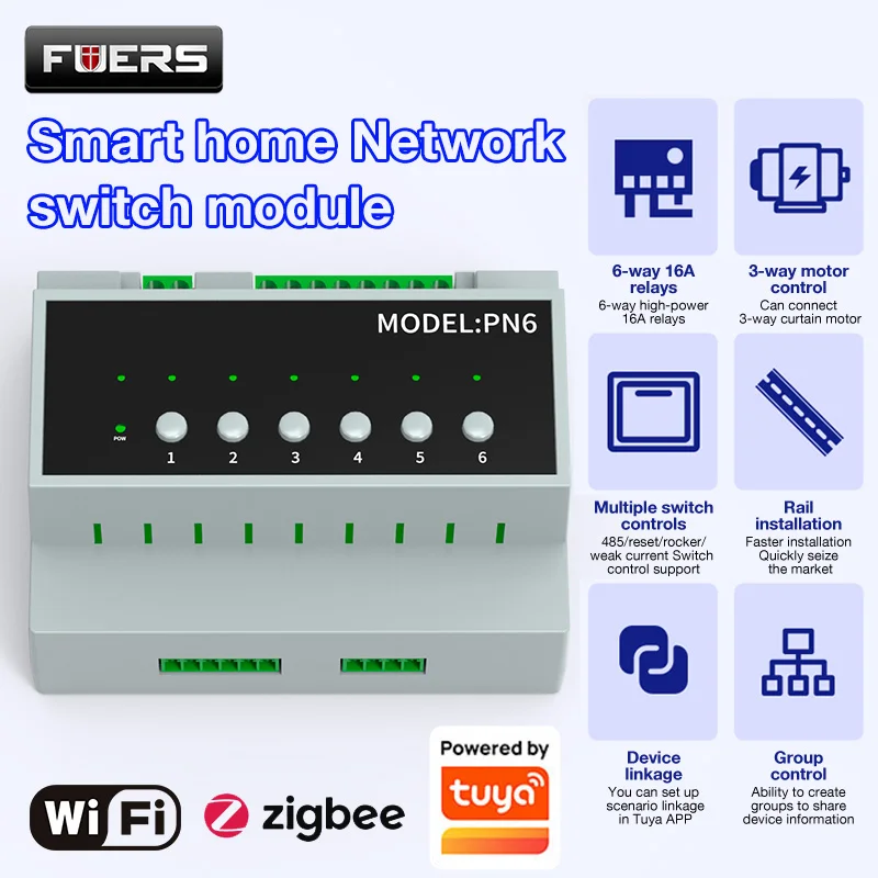 

FUERS Tuya Smart Zigbee 6CH Модуль релейного переключателя Модуль управления прибором дистанционного управления 110 В 240 В 50 А Работа Alexa Google Home