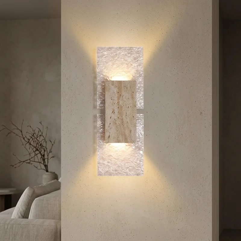 Japanese Modern Glass And Travertine Rectangular Wall Mounted Bedroom Living Room Hallway Decorative Ambient Interior Wall Lamp
