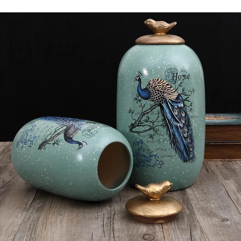 Peacock Pattern Ceramic Storage Jar Coffee Bean Tea Candy Sealed with Lid Desktop Bookcase Furnishings Home Decor