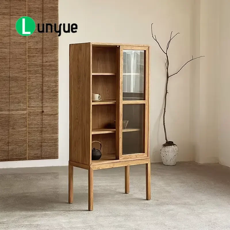 Wabi Sabi Modern Solid Wood Vertical Bookshelf 4 Tier Glass Door Locker Storage Cabinet for Living Room Restaurant Hotel