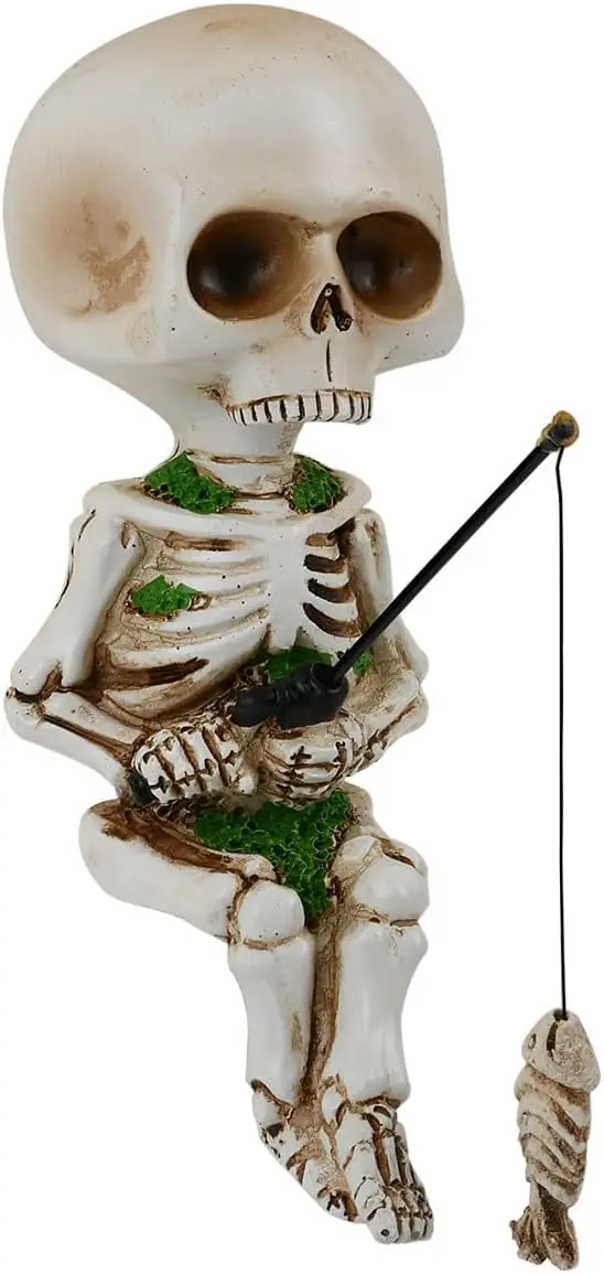 

Fishing Skeleton Statue 4.5 Inch Mini Skull Figurine Halloween Gothic Decor Resin Skull Fisher Sculpture for Outdoor Garden Pond