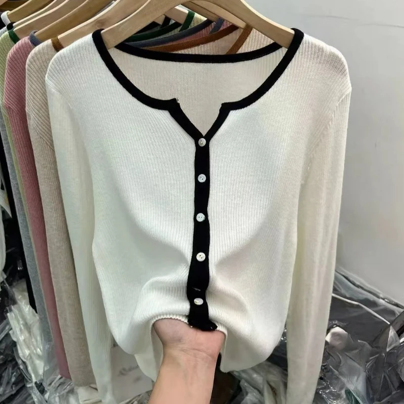 

Осенние топы с длинным рукавом и v-образным вырезом, тонкая трикотажная футболка, корейский модный свитер, тонкий пуловер, женская одежда, трикотаж B251