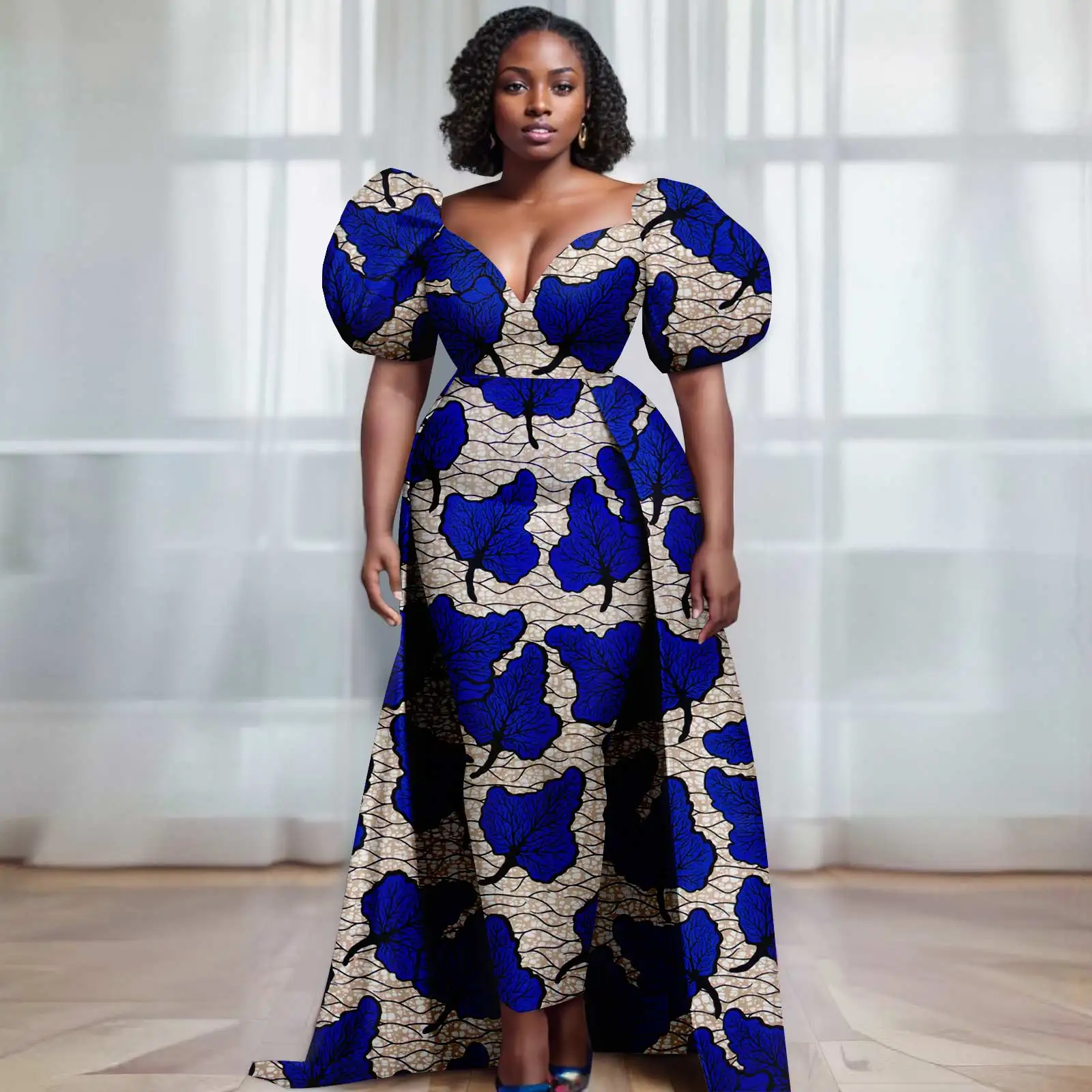 

Afripride Women's Ankara Dress Sexy V Neck Bubble Sleeve Multi Back Hem Dresses 2425115