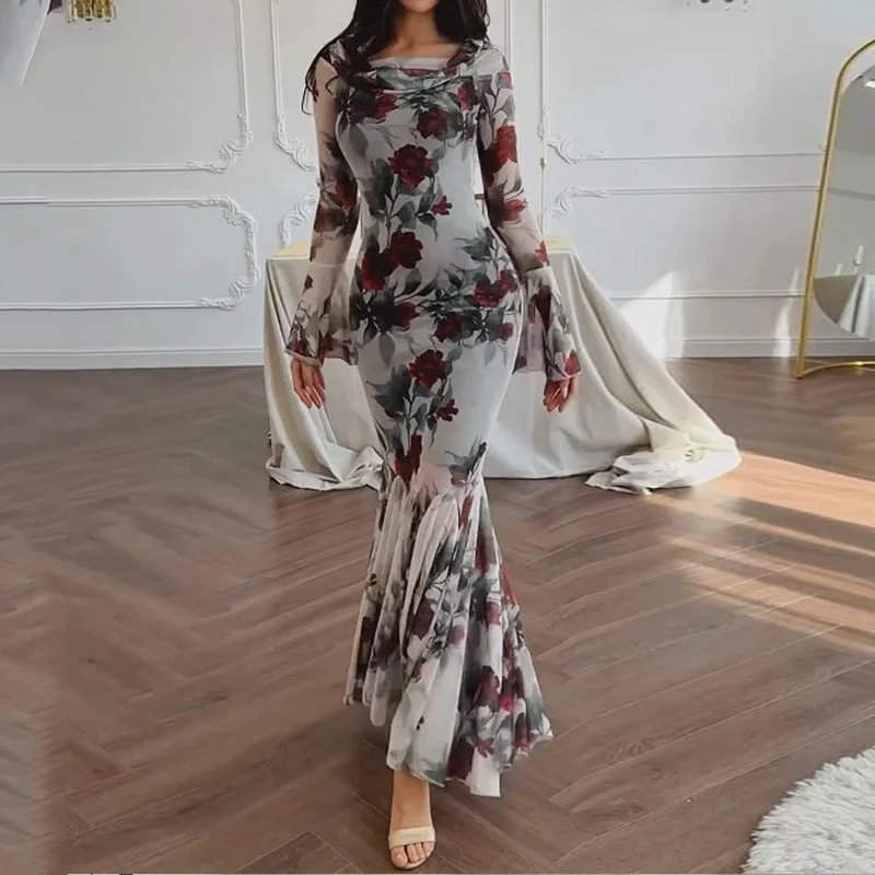 

Ellafads Women's Maxi Dress Summer Elegant Trumpet Long Sleeve Dry Rose Print Waisted Ruffle Slim Party Dresses Streetwear