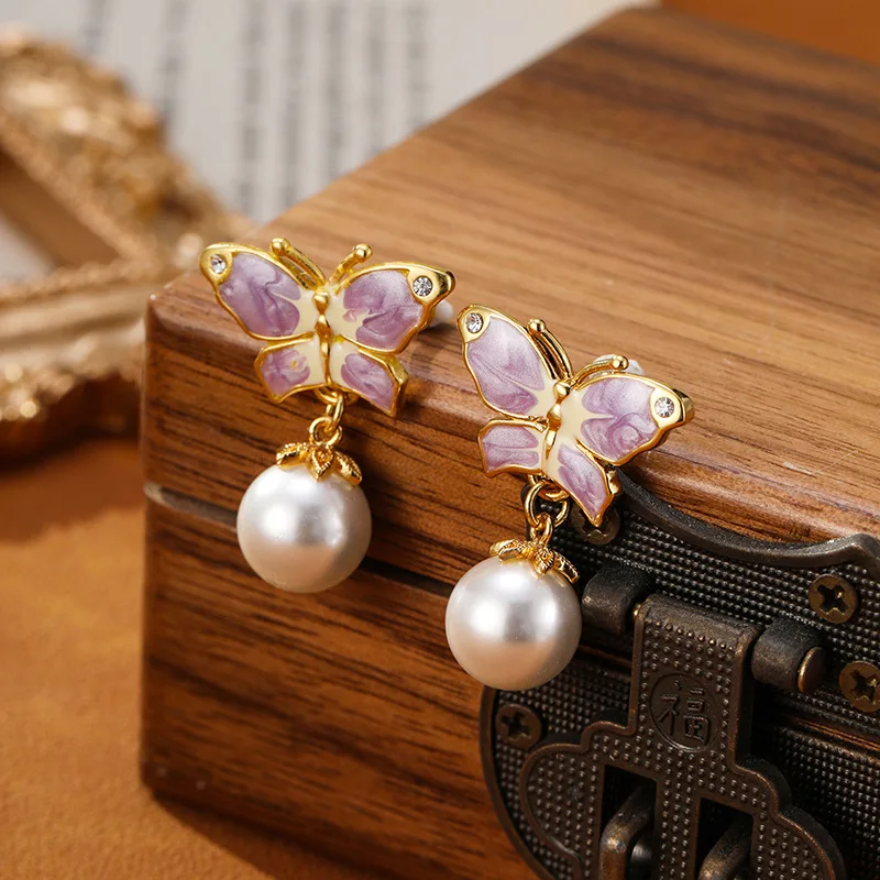 

French countryside elegant enamel butterfly pearl earrings