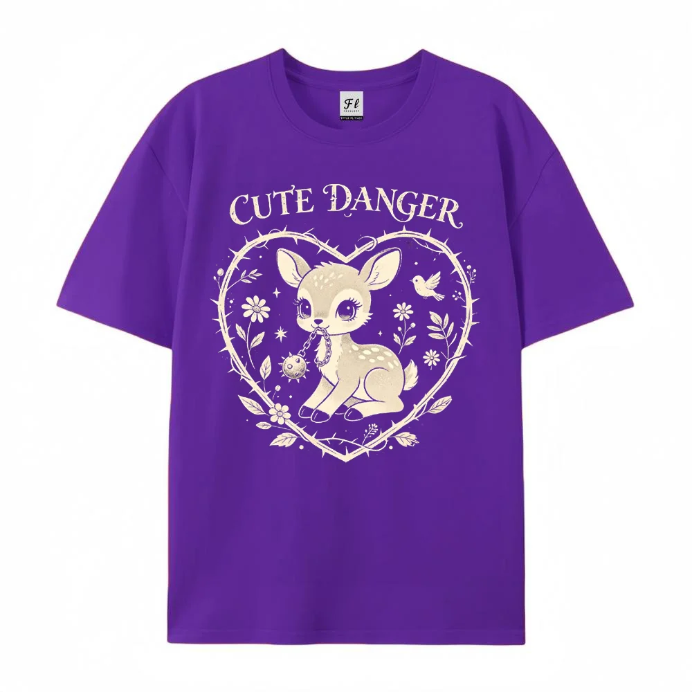 Women Men Cute Danger T Shirt Fawn Graphic Printed Tee Vintage Harajuku Casual Oversized Purple Tops Short Sleeve