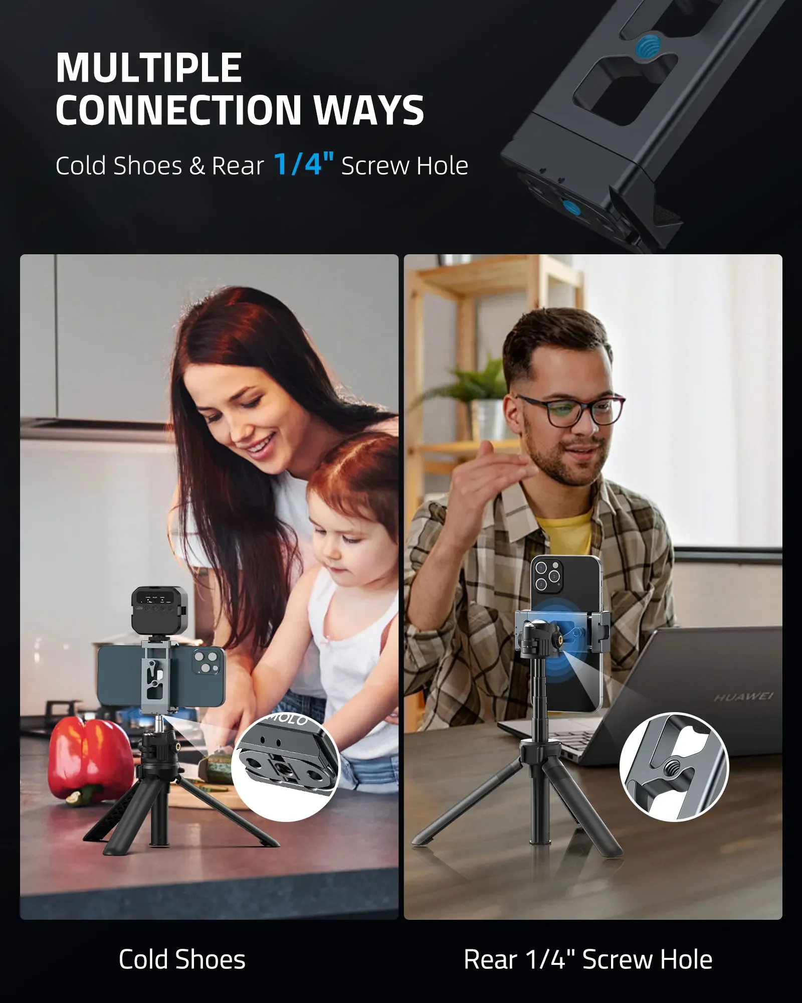 CAMOLO 금속 전화 클립 홀더(Arca 포트 및 액션 카메라 어댑터 포함) iPhone Gopro Samsung용 스마트폰 삼각대 어댑터 클램프