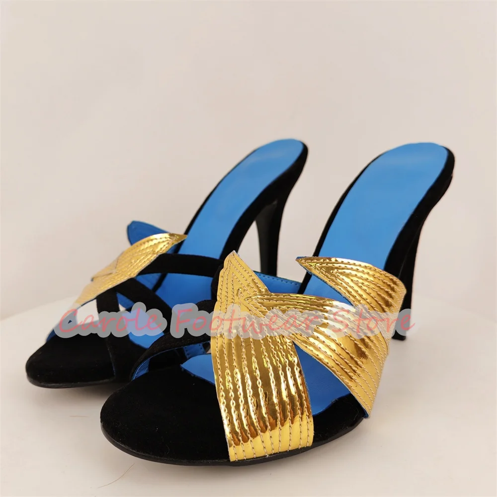 

Fashion Design Gold Leaf Decor Women Slingback Pumps Hollow Out Narrow Band Peep Toe High Heel Slippers Ladies Summer Sandals